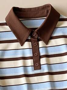 Muvela 咖啡色和蓝色条纹图案修身Polo领T恤，优雅两件套，适合多种场合：复古、学术、办公、正式、休闲、浪漫、90年代复古、派对、婚礼、日常穿着 - 彩色 - 查看 5