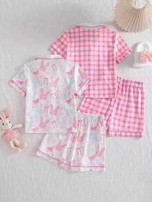 Conjunto de pijama de 4 piezas para niñas con estampado a cuadros y diseño de conejo, con polo de cuello corto y pantalones cortos - Multicolor - Ver 2