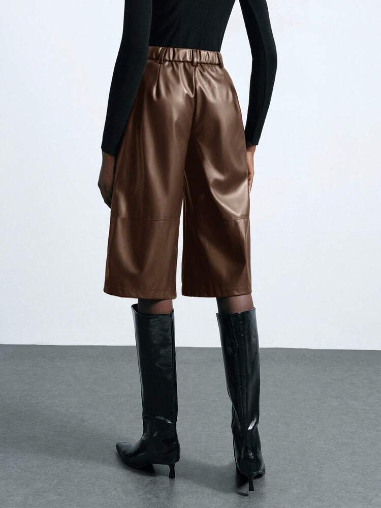 SHEIN Maija Women's Solid Color Pocket Wide Leg Loose Casual PU Leather Capri Pants, Suitable For Urban Commute, Business, Casual Office, Elegant Attire For Christmas, New Year Party And Gathering,Fall,Fall For Women St Patrick's Day Women Easter Summer Easter Women Party Top Beach Summer Holiday Each Vacation For Women Summer For Women Going Out Graduation Graduation Casual Casual Blouses For Women