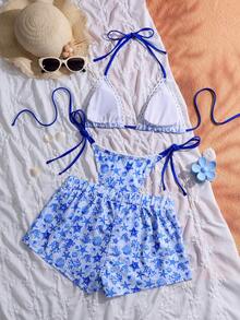 Swim Mod Bộ bikini buộc dây mùa hè mới dành cho nữ, kiểu dáng thoải mái, thích hợp đi biển, gồm quần và áo khoác ngoài, đồ bơi 3 mảnh, họa tiết sao biển và sọc dễ thương, in hình sinh vật biển, trang trí nơ, bộ tankini hở lưng gợi cảm. - Xanh và trắng - Xem 5