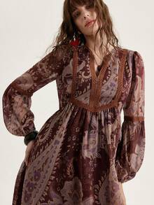 Frievida Bohemian Style Chiffon Loose Vacation Ruffled Patchwork Long Sleeve Dress - Multicolor - View 4