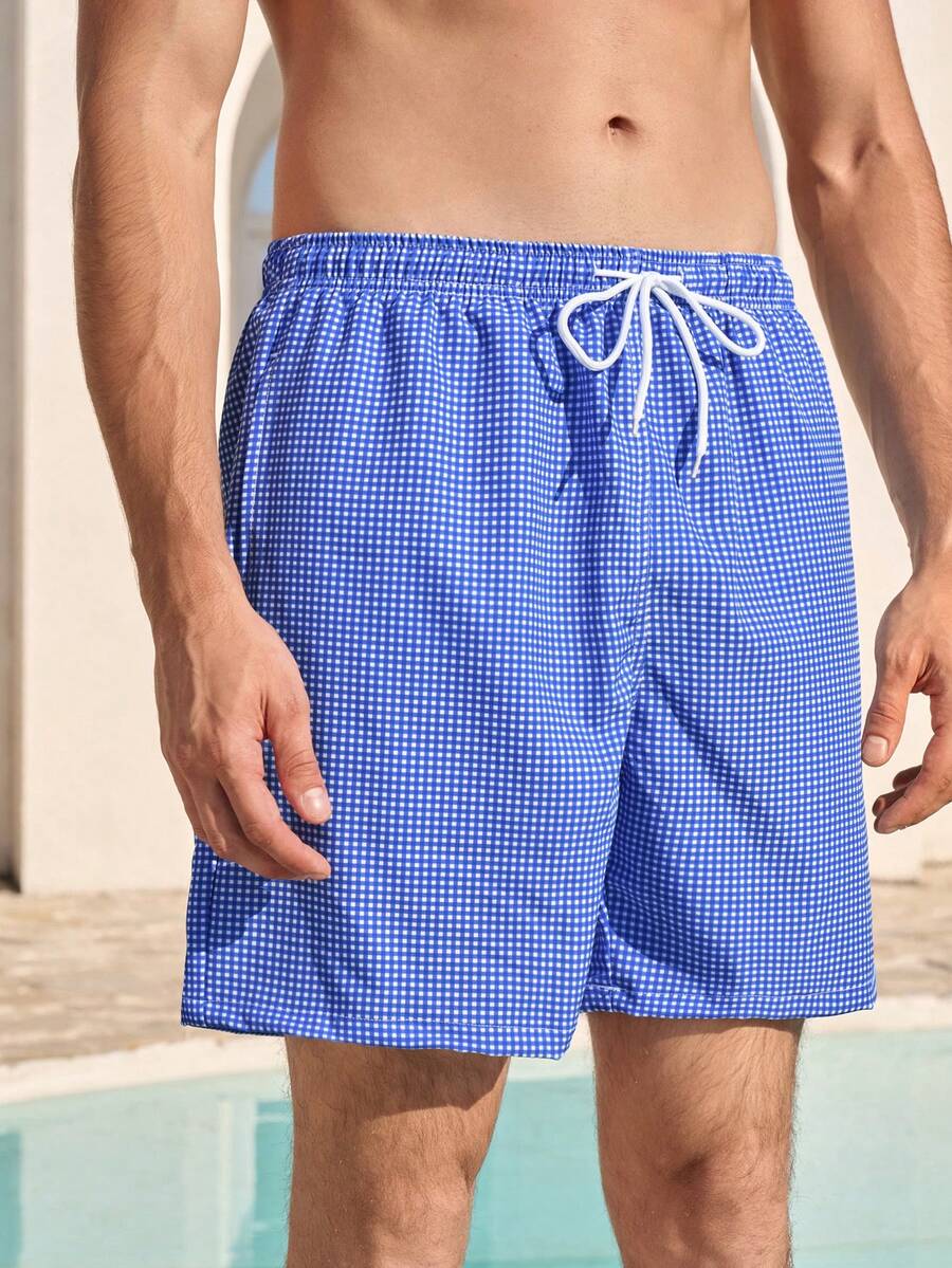 Manfinity KASUA Pantalones cortos casuales de playa a cuadros para hombres - Azul y blanco - Ver 1
