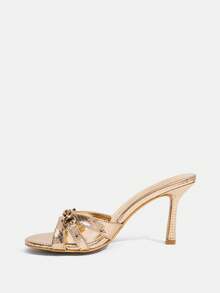 CUCCOO SZL Giày sandal cao gót nữ màu trơn, trang trí dây xích, thời trang, thanh lịch, thích hợp cho kỳ nghỉ xuân, lễ Phục sinh, ngày Valentine. - Lưới kim loại màu Champagne PU - Xem 5