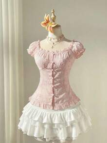 Elamini Áo kiểu nữ màu hồng jacquard cổ vuông tay phồng viền bèo nhún, dáng ôm vừa vặn, ngọt ngào và thanh lịch cho mùa hè, đi biển, nghỉ mát. - Hồng - Xem 1