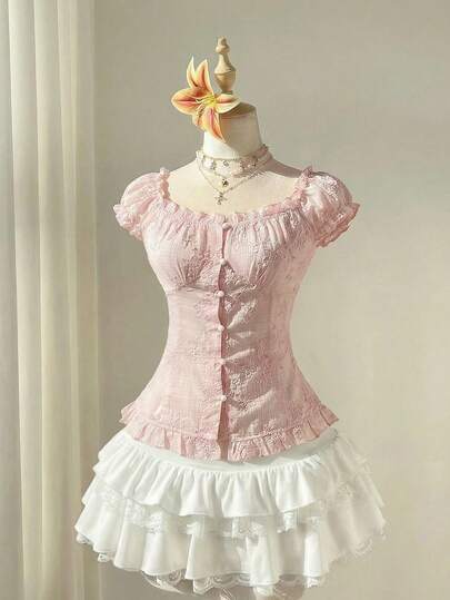 Elamini Women's Pink Jacquard Square Collar Puff Sleeve Frill Trim Fitted Casual Blouse, Sweet & Elegant For Summer, Beach, Vacation