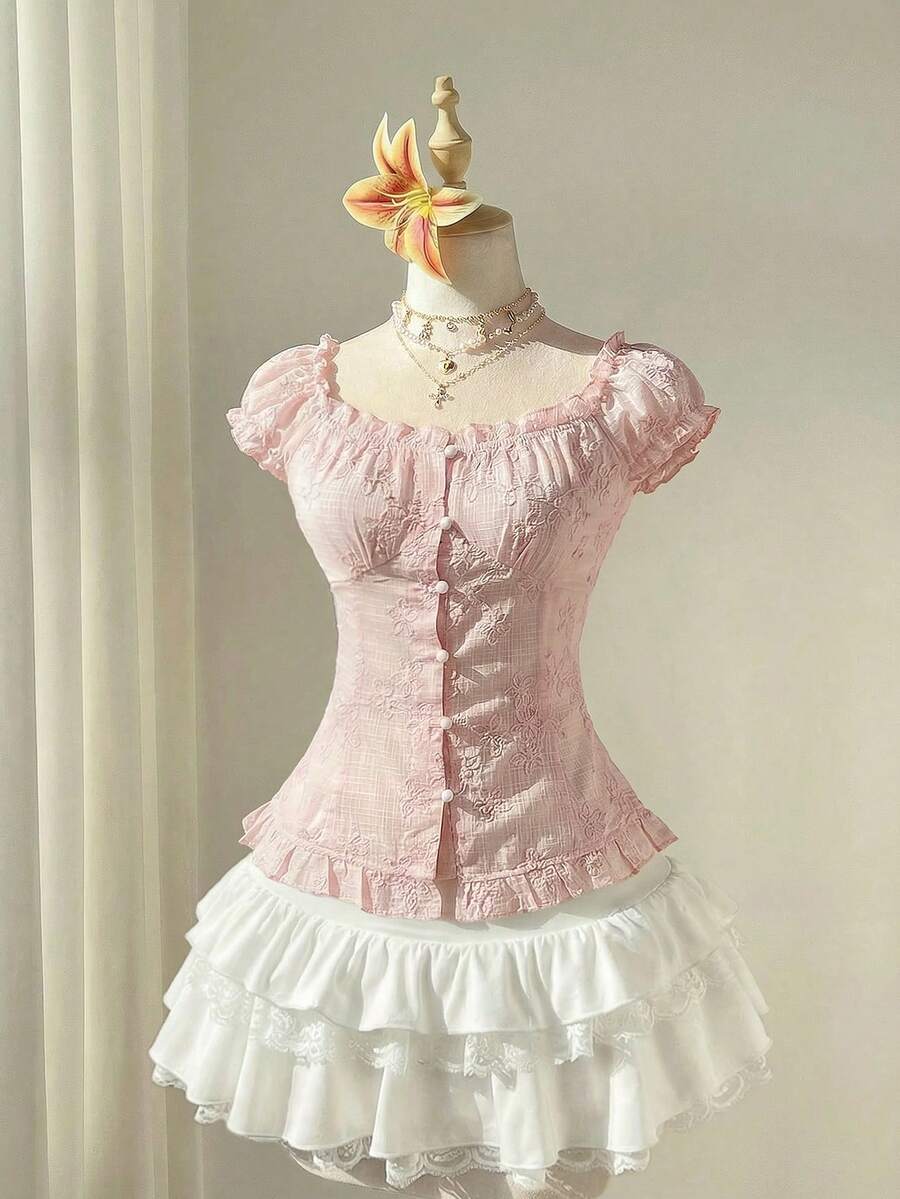 Elamini Áo kiểu nữ màu hồng jacquard cổ vuông tay phồng viền bèo nhún, dáng ôm vừa vặn, ngọt ngào và thanh lịch cho mùa hè, đi biển, nghỉ mát. - Hồng - Xem 1