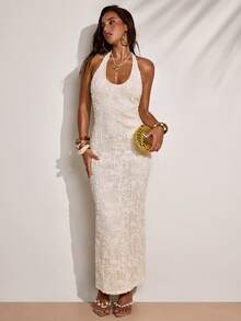 SHEIN BAE Đầm nữ màu trơn cổ chữ U, kiểu yếm, hở lưng, không tay, ôm sát. - Màu be - Xem 4