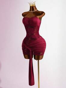 Lyxana Women's Tight Ruched Lace Bandeau Dress, Sexy Lace Sheer Bodycon Ruffle Hem Mini Dress, Suitable For Dates, Parties, Clubs, Holidays - Burgundy - View 5
