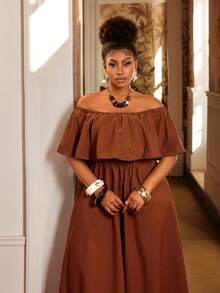 Maweii Plus Size Women's Chocolate Brown Off Shoulder Ruffle Wide Leg Jumpsuit, Elegant Fit For Spring & Summer Vacation & Casual Outings - Brown - View 3