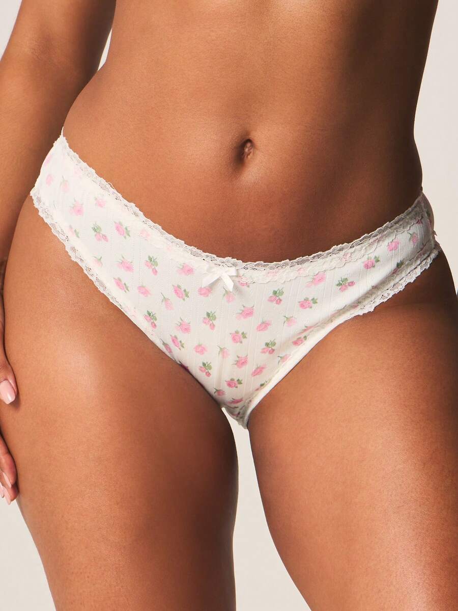 MISSGUIDED Lace Trim Floral Print Brief Panties Feminine Underwear With Delicate Rose Pattern And Scalloped Edges - Multicolor - View 1