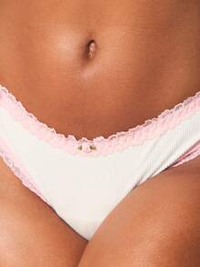 MISSGUIDED Ribbed Thong With Lace Trim Feminine Intimate Underwear Low Rise String Panty Soft - White - View 4