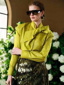 Arave 女士尼龙纯色衬衫，系领设计，适合现代派对、通勤、休闲穿着，宽松肩部剪裁 - 綠色 - 查看 6