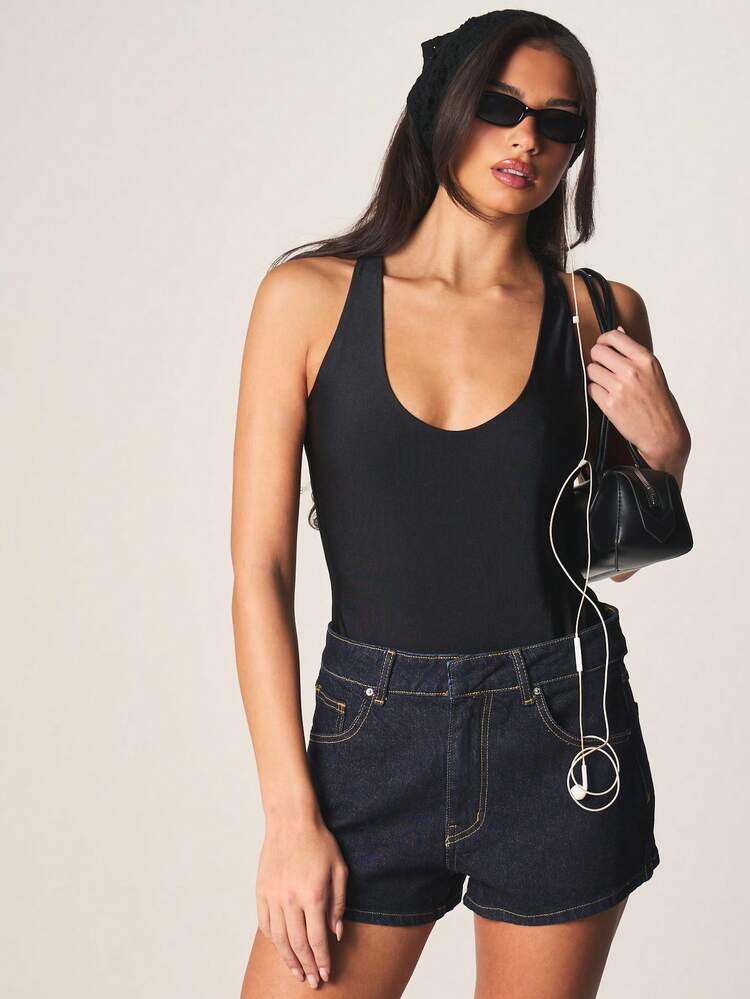 MISSGUIDED Women Sleeveless Plunge Neck Bodysuit Fitted Tank Top One Piece Basic Essential Casual Wear