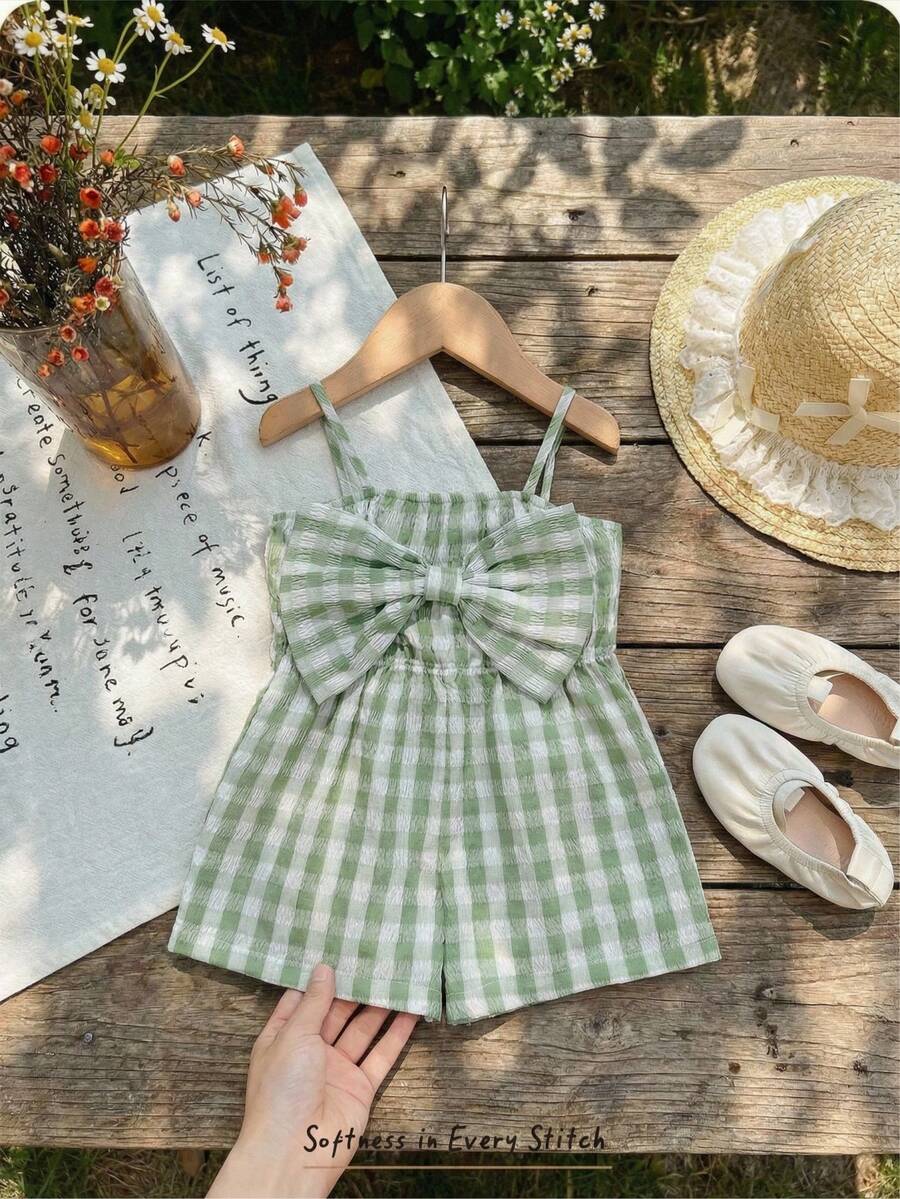 Cozy Pixies Baby Girl Colorful Striped Bow Decor Strap Romper Shorts, Versatile & Comfortable - Green - View 1