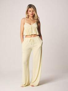 MISSGUIDED Pointelle Ruffle Camisole Crop Top Wide Leg Pants Pajama Set Summer Sleepwear Lounge Co-Ord - Yellow - View 6