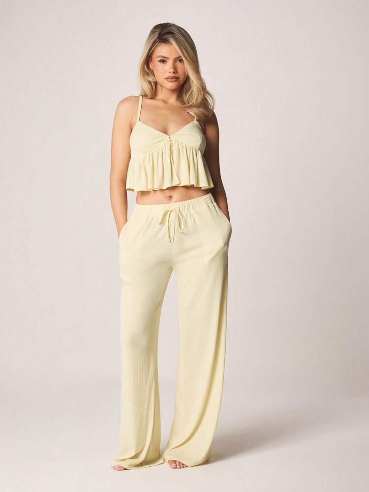 MISSGUIDED Pointelle Rüschen Träger Crop Top Weite Bein Hose Pyjama Set Sommer Nachtwäsche Lounge Co-Ord