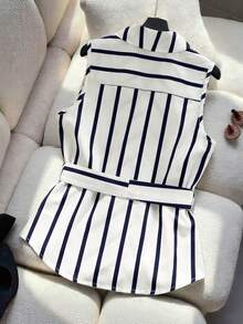 GlowEve Women's Elegant Casual Commuter V-Neck Sleeveless Striped Tie-Waist Slim Fit Blouse, Spring/Summer - Multicolor - View 2