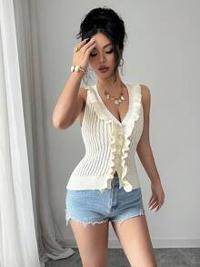 Elenzga Women's Sleeveless Ruffled Trim Knit Cardigan Top, Summer - Beige - View 4