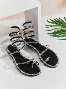 SHUZIA Sandal đế bằng nữ mũi tròn đính đá lấp lánh, quai mảnh, có nhẫn xỏ ngón. - màu đen - Xem 5