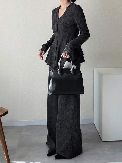 FRIFUL Women's Solid Color Gray Top With Waist Cinching And Straight Leg Pants, Slim Fit Two Pieces Set, Suitable For Spring & Summer