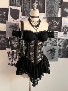 Attitoon 女士休闲复古束身蕾丝紧身不对称下摆迷你连衣裙，适合Y2K风格 - 黑色 - 查看 7