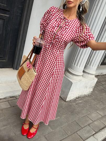 Pariaura Women's Plaid Lace-Up Casual Date Party Dress