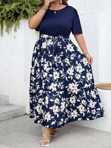 SHEIN CURVE+ Váy ngắn tay dài dáng suông, size US22, thích hợp cho lễ hội âm nhạc, kỳ nghỉ biển, phong cách bohemian mùa hè, thường ngày, in hoa, phối nhiều mảnh. - Nhiều màu - Xem 8