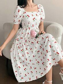 Reset Phase 1pc Girls Digital Cherry Print Long Puff Sleeve Waist Cinched Dress, Suitable For Daily Commute Outfit - White - View 4