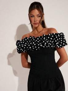 COSMINA Women's Elegant Black And White Polka Dot Off-Shoulder Puff Sleeve Top,Summer Chic Ruffle Contrast Color Fashion Top For Date Night,Office,Party - Black and White - View 6