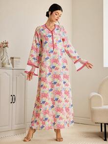 Al Najma 女士优雅印花V领阿拉伯风格连衣裙 - 粉色 - 查看 4