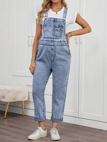 SHEIN Maternity Light Blue Casual Summer Sleeveless Versatile Denim Jumpsuit Spring To Summer Carnival Costume Commuting Vacation Graduation Chic Y2k Cute Streetwear Coquette Party Wedding Elegant Business Casual Woman Womens Casual Light Blue Wash Denim Overalls Loose Fit Adjustable Straps Jumpsuit With Pockets - Blue - View 1