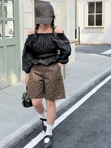 DAZY Tween Girls' Leopard Print Casual Denim Shorts - Brown - View 3