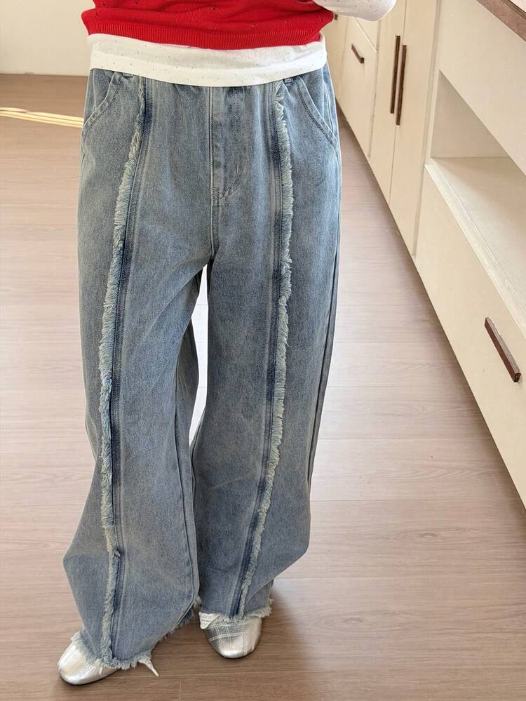 Tween Girls Distressed Washed Wide Leg Jeans