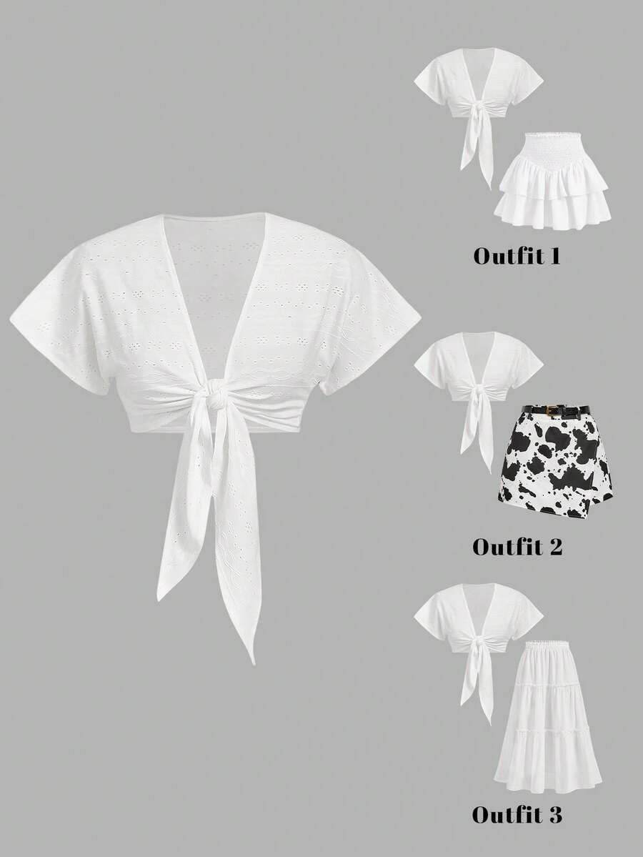 SHEIN MOD 女士时尚网纱打结露脐上衣，夏季 - 白色 - 查看 1