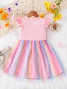 SHEIN Pink Summer Fairy Birthday Holiday Young Girl Knit Round Neck Gradient Mesh Casual Dress,Easter Rainbow Kids 3D Floral Embroidered Tutu Party Dresses - Pink - View 2