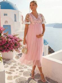 Loomaby Elegant Floral Embroidery Patchwork Baby Pink Maternity Dress For Baby Shower,Pregnant Women Summer Spring Break Outfits,Gender Reveal Party Dress - Pink - View 5
