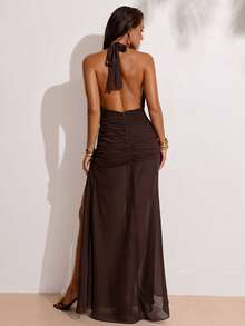 SHEIN BAE Đầm maxi nữ màu xanh công, chất liệu chiffon bóng, xếp ly, cổ chữ V sâu, đính hạt cườm, kiểu yếm, hở lưng, thích hợp cho kỳ nghỉ xuân/hè, du lịch biển, nghỉ mát, du lịch biển, đầm thanh lịch gợi cảm, đầm đi nghỉ mát cho chị em gái, đầm phong cách bohemian. - màu nâu - Xem 2