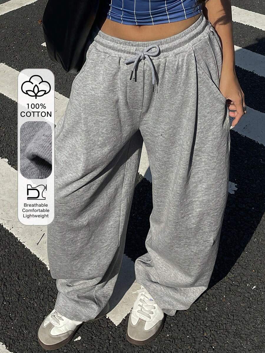 DAZY 女士纯色宽松抽绳弹力腰阔腿裤，休闲运动裤，春秋季 - 灰色 - 查看 1