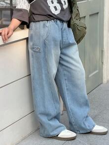 DAZY Tween Girls' Pocketed Wide Leg Loose Casual Versatile Jeans - Blue - View 1