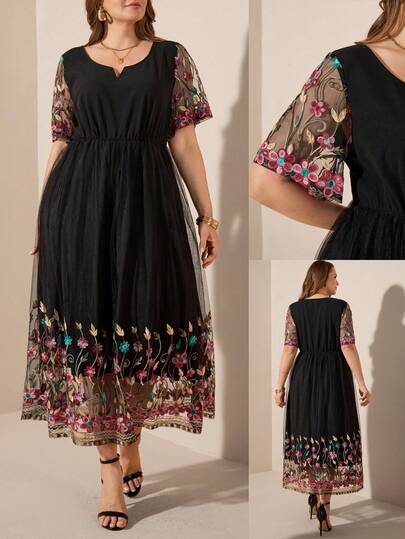 Comfylo 大码女式花卉刺绣网纱拼接优雅收腰派对连衣裙