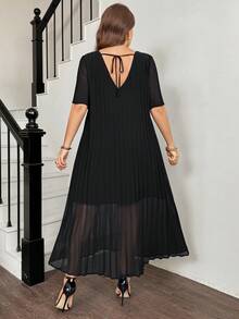 SHEIN LUNE 大码优雅飘逸纯色褶皱连衣裙，夏季 - 黑色 - 查看 3