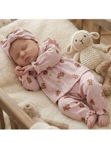 Loomiva Pink And Brown Cute Newborn Baby Boy/Girl Cartoon Bear Knit Ruffle Trim Cardigan And Pants 2-Piece Set,Autumn Family Matching Wildflower Pajama Outfit - Multicolor - View 2