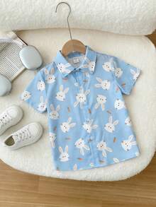 SHEIN 1件男童休闲舒适时尚百搭柔软兔子复古印花短袖衬衫，适合日常穿着、上学、外出、春夏、复活节等场合。 - 彩色 - 查看 4