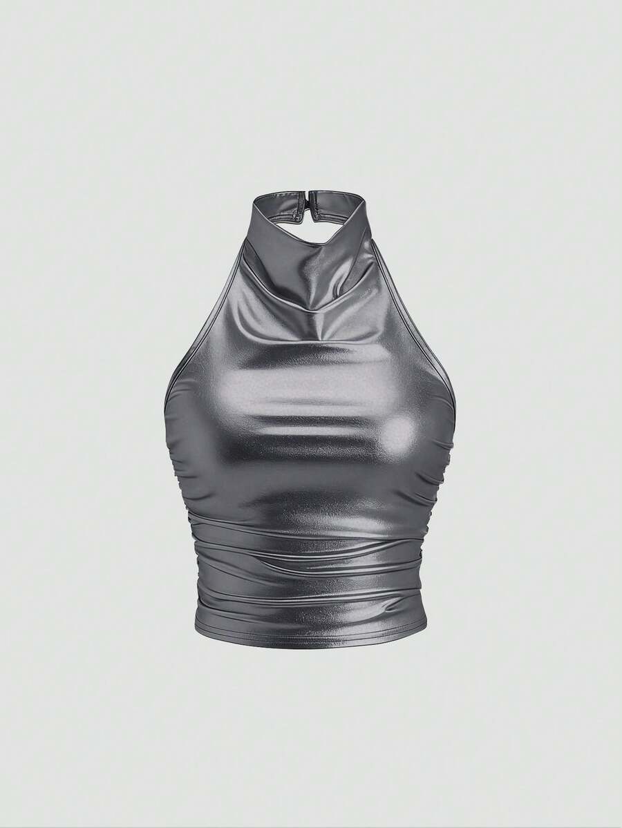 Sweetra Women Coated Pleated Solid Color Halter Neck Tank Top, Versatile For Casual And Commute Y2K - Light Grey - View 1