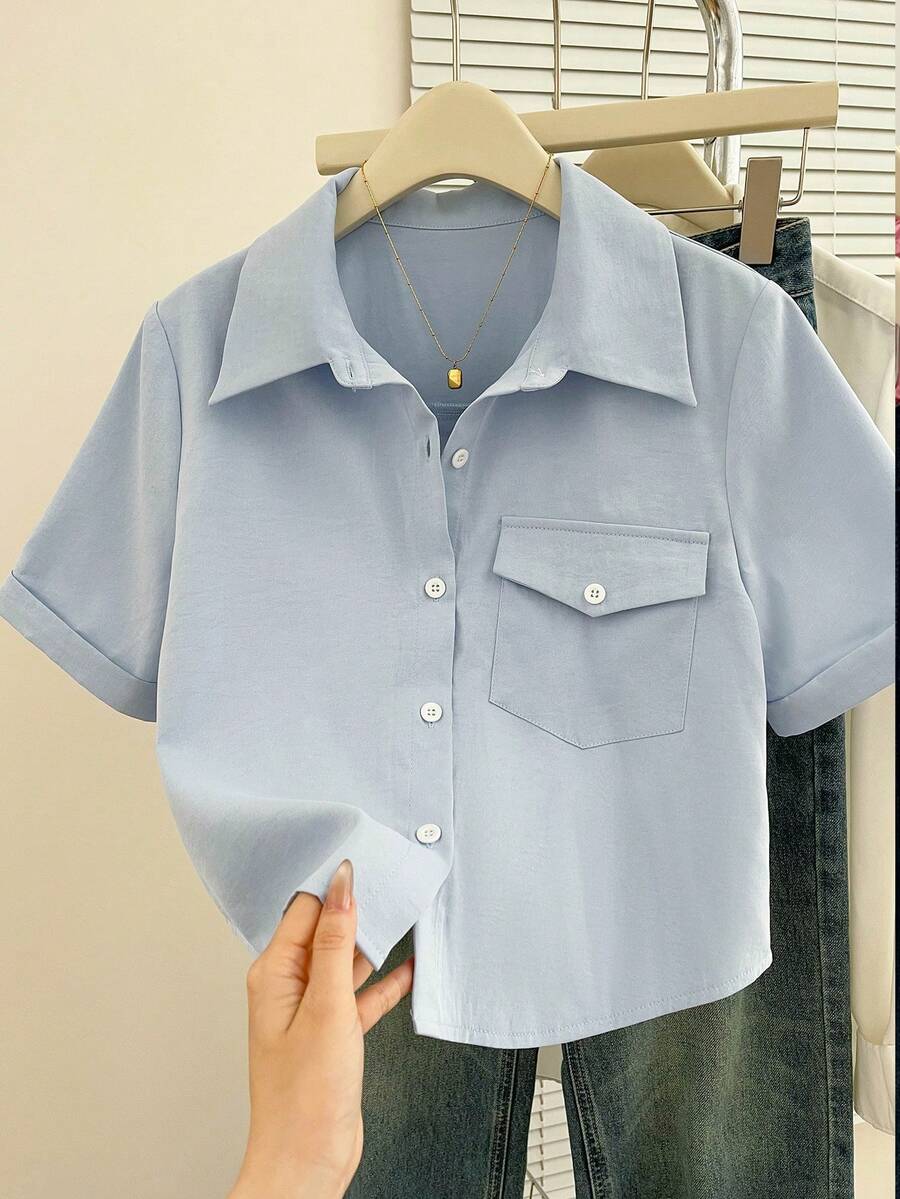 GlowEve New Summer Collared Short Sleeve Cropped Women Shirt - Blue - View 1