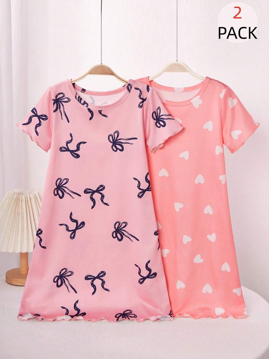Bộ đồ ngủ 2 món cho bé gái, cổ tròn, tay ngắn, dài đến khuỷu tay, có viền và tay áo xếp ly tương phản, họa tiết nơ và trái tim, thiết kế nhẹ nhàng và đơn giản, thích hợp cho mùa hè, co giãn và có thể giặt máy. - Nhiều màu - Xem 1