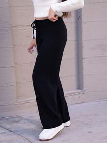Andrea Bello Low Rise Drawstring Waist Rib Knit Wide Leg Casual Trousers Fall Autumn Winter Everyday Office Christmas Evening Party Elegant New Year Thanksgiving - Black - View 6