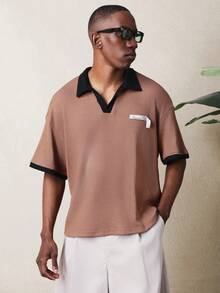 SUMWON Men's Short Sleeve Ribbed Knit Polo Shirt With Contrast Black Collar And Trim Detail - Brown - View 4