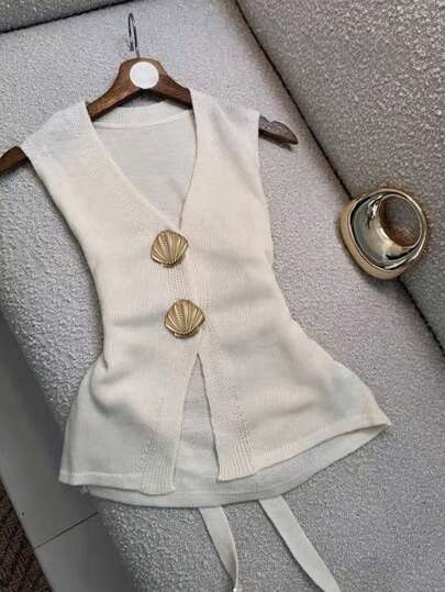 Airaco 大码女式贝壳纽扣V领针织开衫背心，休闲假日