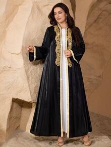 SHEIN Najma Abaya elegante de manga larga para mujer de talla grande, con bordados, lentejuelas y patchwork, estilo del Medio Oriente - Negro - Ver 6